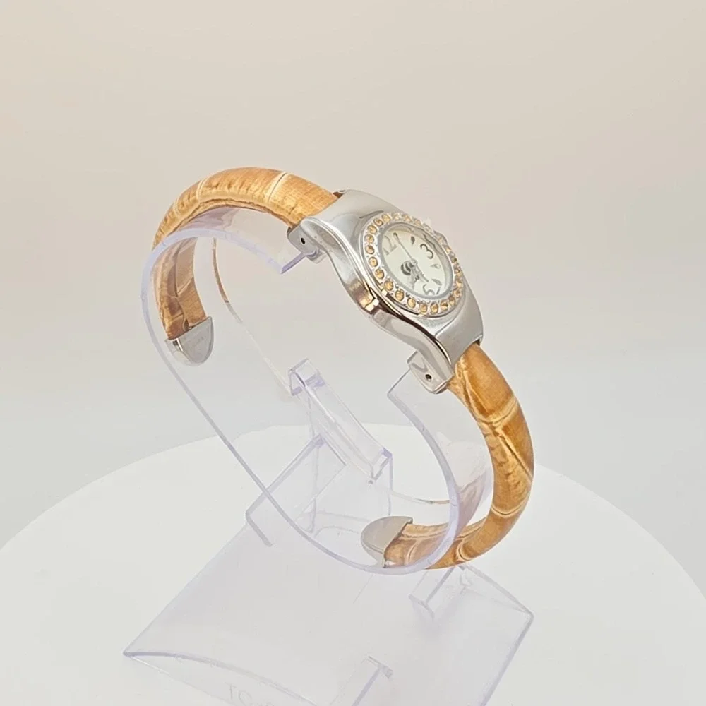 New! AVON Women's Cuff Watch Amber Orange Gemmed Silver Tone New‎ Battery